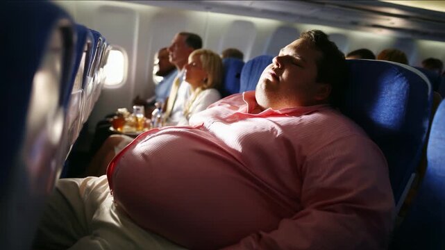 A man comfortably sleeping on a plane, surrounded by fellow passengers, showcasing the experience of air travel and the relaxation found within the confines of an airplane seat.