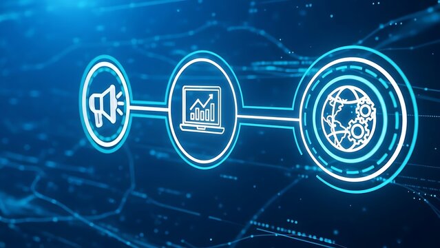 Driving digital marketing success through analytics and global strategy in a futuristic blue network