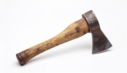 Old axe with a wooden handle on white background. Suitable for historical or vintage designs, craft projects, or woodworking concepts. Adds a rustic touch to presentations, websites, or blogs.