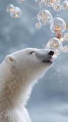 Polar bear blowing magical christmas bubbles with snowflakes and bokeh lights