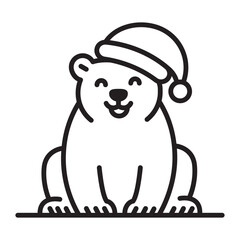 Polar bear in Santa hat line icon with editable stroke. Minimal cute Christmas character for winter holiday cards, web, apps, stickers and festive branding.