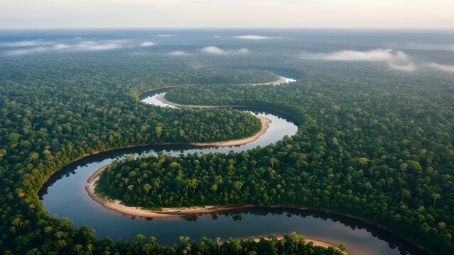IA generativa, hermoso paisaje verde de la selva amaz&oacute;nica con &aacute;rboles y r&iacute;o, vista de drones
