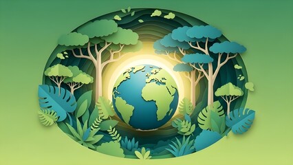 D&iacute;a mundial del medio ambiente sobre fondo verde en estilo de corte de papel, D&iacute;a de la Tierra.
 IA generativa