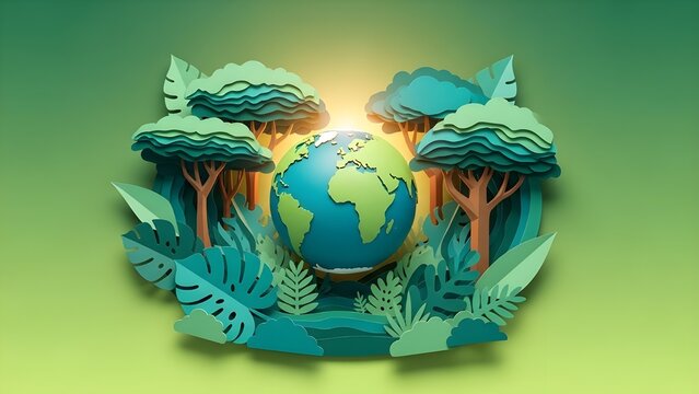 D&iacute;a mundial del medio ambiente sobre fondo verde en estilo de corte de papel, D&iacute;a de la Tierra.
 IA generativa