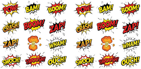 Comic sound effects, POW, BAM, BOOM, CRASH, ZAP, WHAM, SWOOSH, OUCH, explosion graphic, pop art, retro style, colorful typography © SREE