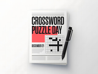 Minimalist Crossword Puzzle Day Illustration Featuring Newspaper and Pen for December Twenty-First