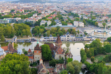 Budapest, Hungary. The Vajdahunyad Castle reflected on the lake. Located in the City Park.