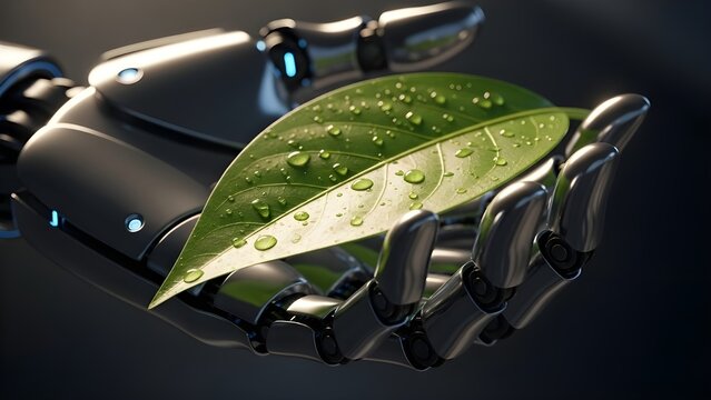 Robot mano futuro concepto tecnolog&iacute;a ciencia de los alimentos flor de manzana industria verde brazo aislado planta 3d fruta artificial.
 Futuro robot tecnol&oacute;gico mano sostiene la biolog&iacute;a de la natur
