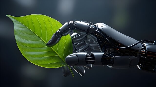 Robot mano futuro concepto tecnolog&iacute;a ciencia de los alimentos flor de manzana industria verde brazo aislado planta 3d fruta artificial.
 Futuro robot tecnol&oacute;gico mano sostiene la biolog&iacute;a de la natur