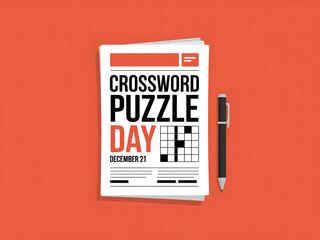 Minimalist Crossword Puzzle Day Illustration Featuring Newspaper and Pen for December Twenty-First