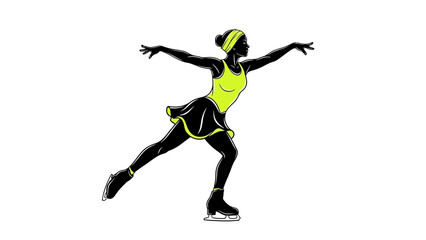 Elegant female figure skater striking a graceful pose mid-performance with vibrant costume accents on ice