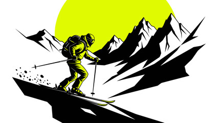 Dynamic backcountry skier expertly carves down steep, jagged mountain slope under bright neon sun