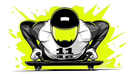 Dynamic skeleton athlete aggressively racing downhill with intense focus and speed against a vibrant neon background © Thamseer