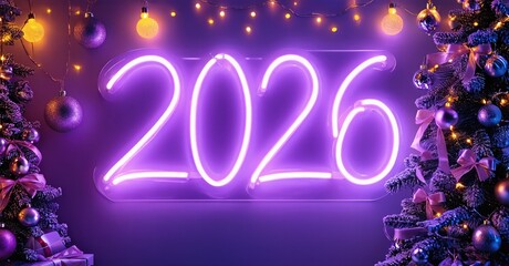 Bright neon sign displays year 2026. Festive Christmas trees flank sides, adorned with lights, ornaments. Dark background enhances glow.