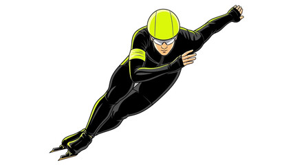 Dynamic speed skater in aerodynamic black suit leans low for maximum velocity during intense competition