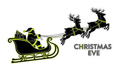 Stunning silhouette of Santa Claus flying sleigh pulled by reindeer delivering gifts on magical Christmas Eve night © Thamseer