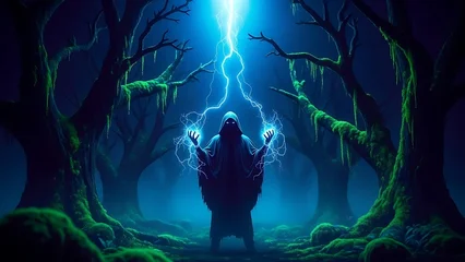 Papier peint photo Chambre de fille Mystical sorcerer harnesses potent blue lightning magic in an eerie, dark fantasy forest environment  © Epep Gaming 