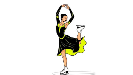 Elegant female figure skater executes a perfect arabesque spin in a stunning black and neon yellow performance costume © Thamseer