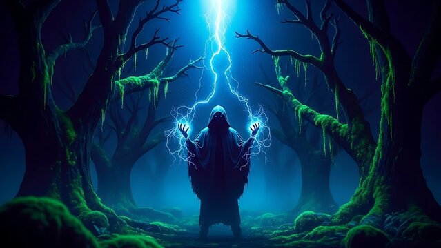 Mystical sorcerer harnesses potent blue lightning magic in an eerie, dark fantasy forest environment