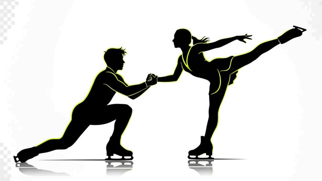 Stunning silhouette of ice skating pair executing a graceful synchronized figure skating lift on bright ice surface