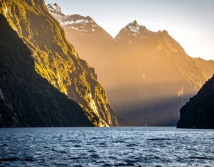 Serene mountain range reflected in a calm body of water with sunlight filtering through