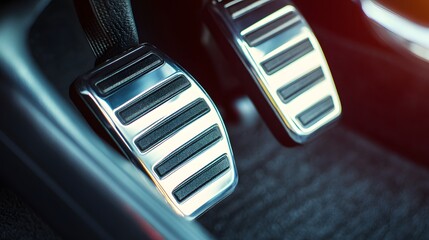 Close up of a car's brake pedal. The pedal is made of metal and has a black and white design. Concept of precision and attention to detail