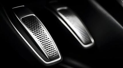 Two car pedals with a black background. The pedals are silver and have a mesh design. Concept of sleekness and modernity