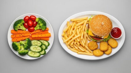Healthy vs fast food choices: vegetables and burger with fries and nuggets