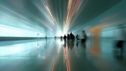 A Captivating Journey Through a Futuristic Terminal: Figures Walk Swiftly Amidst a Blurry Surreal Scene of Light and Reflection in a Modern Transportation Hub