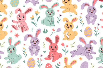 Obraz premium Cute colorful easter bunnies seamless spring pattern