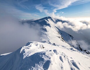 Snowy mountain ridge piercing through a sea of clouds under a blue sky