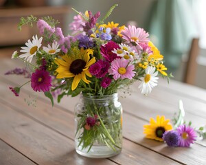 Colorful Wildflower Bouquet in a Glass Jar on a Wooden Table