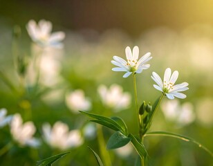 Soft focus image of small white flowers in a sunny meadow