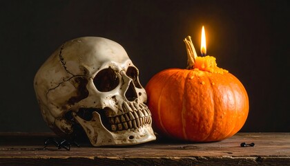 Spooky still life featuring a skull, pumpkin, and lit candle