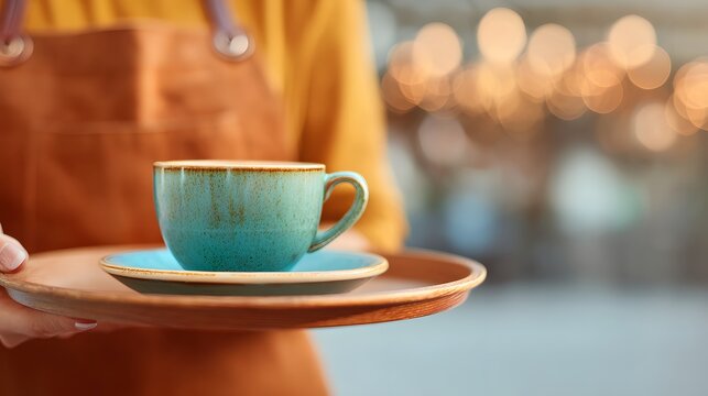 Person is holding a tray with a blue coffee cup on it. The tray is brown and the person is wearing an apron. The scene is set in a restaurant or cafe, and the person is likely a server or a barista