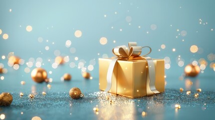Gold colored gift box wrapped in a shiny ribbon, on a festive glittering soft blue background wall.