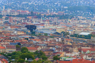 Budapest, Hungary. An arial view of Budapest, the Pest side, including iconic landmarks.