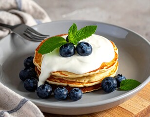 Stack of golden pancakes, blueberries, cream, mint garnish on a plate