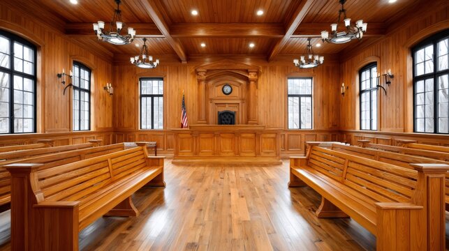 Empty courtroom representing justice, law, and legal system - Powered by Adobe