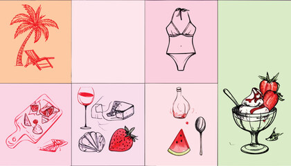 Summer Beach, cheese board, swimsuit, wine, watermelon, sundae