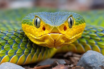 Fototapeta premium Green viper snake close up macro portrait with yellow head