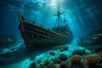 Fototapeta premium Verlassenes Schiffswrack in den Tiefen des Ozeans, von Korallen und Fischschwärmen umgeben