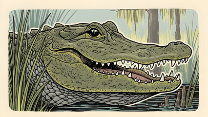 Detailed Illustration of Alligator Lurking in Marsh with Greenery