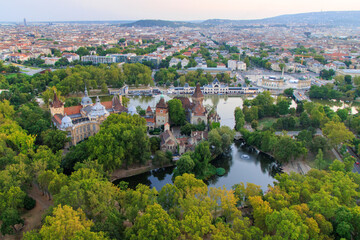 Budapest, Hungary. The Vajdahunyad Castle reflected on the lake. Located in the City Park.