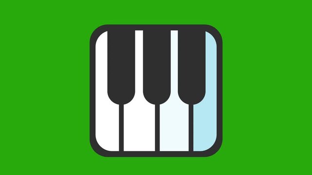 Minimalist piano keyboard section icon on green screen background. Music app logo with simplified black and white piano keys in a cartoon animation. Simple musical instrument education symbol.