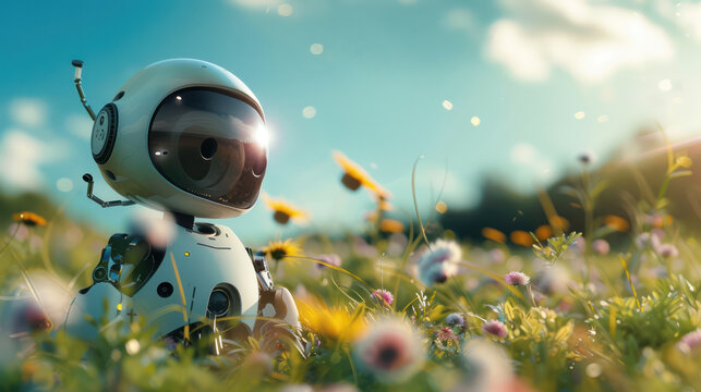 Little cute robot lost in a summer field on a beautiful day, discovering the earth and exploring nature.