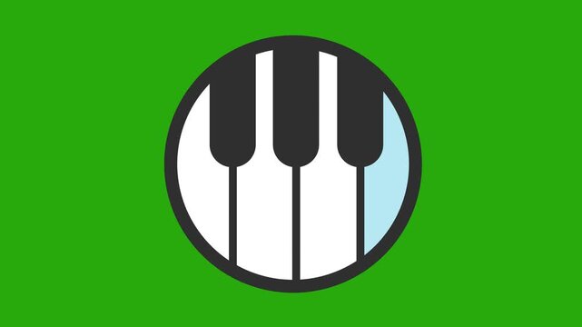 Minimalist piano keyboard section icon on green screen background. Music app logo with simplified black and white piano keys in a cartoon animation. Simple musical instrument education symbol.