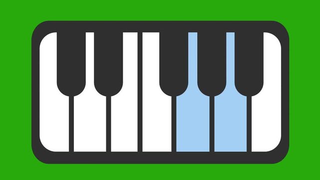 Minimalist piano keyboard section icon on green screen background. Music app logo with simplified black and white piano keys in a cartoon animation. Simple musical instrument education symbol.