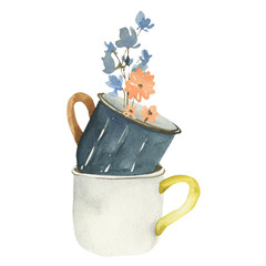 Cute watercolor cups clipart. Autumn composition.⁠
