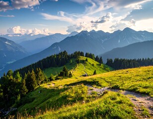Serene mountain vista with lush green hills, forests, distant peaks, and a winding path